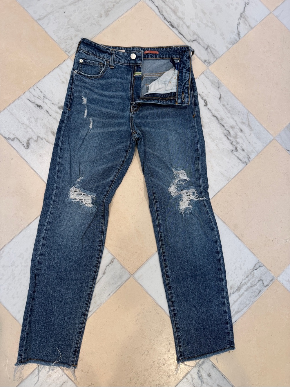 Pilcro from Anthropology The Vintage Straight Dark Blue Distressed Jeans Sz: 27